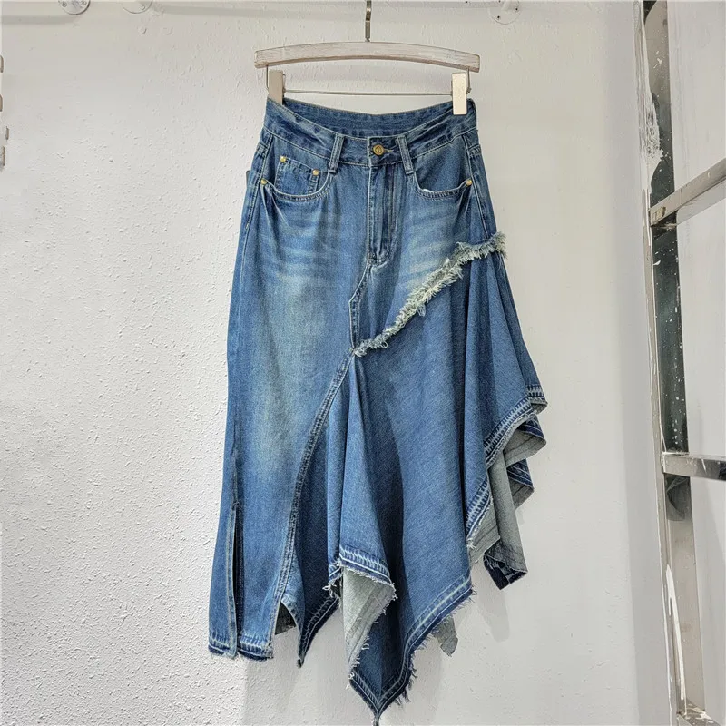 Summer new style high-waisted design stitching irregular washed denim long skirt for women