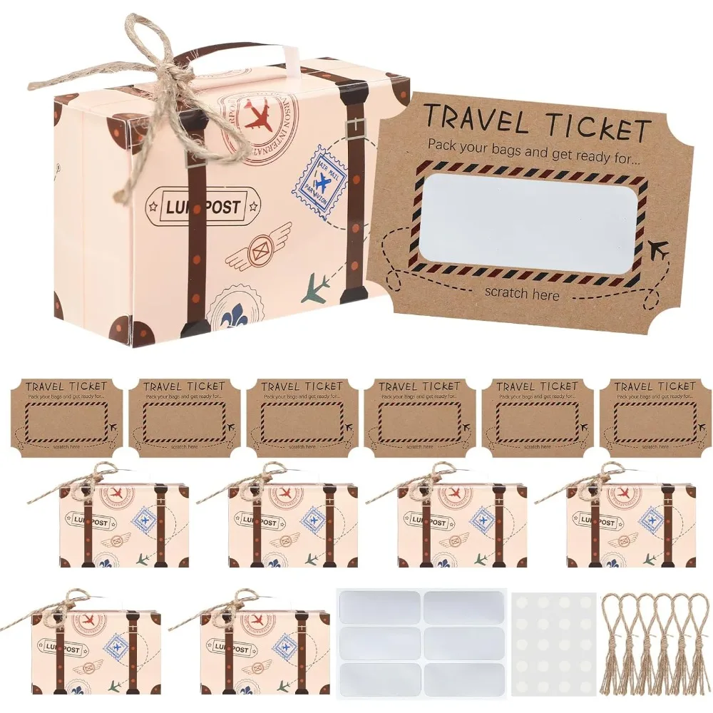 Yinkin 6 Set DIY Surprise Mini Suitcase Vintage Mini Suitcase Gift Box for Party Favor Kraft Paper Box with Travel Ticket Scratc