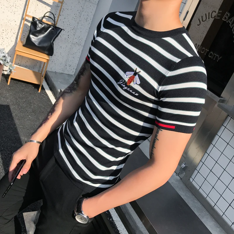 Summer Top Streetwear Social Club Outfits Slim Fit T Shirt Men Knitting Stripe Round Neck Tee Shirt Homme Camiseta Masculina