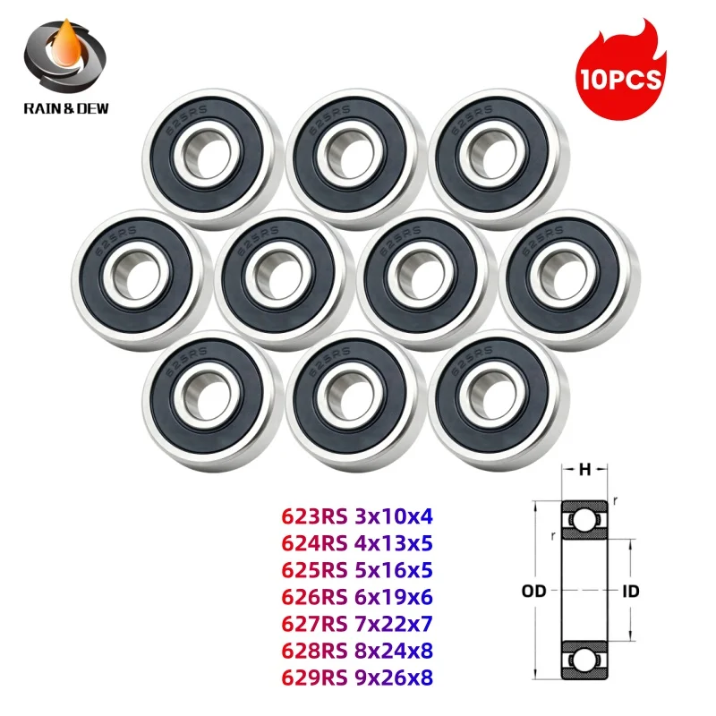 10Pcs 625-2RS 5x16x5mm Ball Bearing 623RS 3x10x4mm 624RS 4x13x5mm 626RS 6X19X6mm 627RS 7x22x7mm 628RS 8x24x8mm 629RS 9x26x8mm