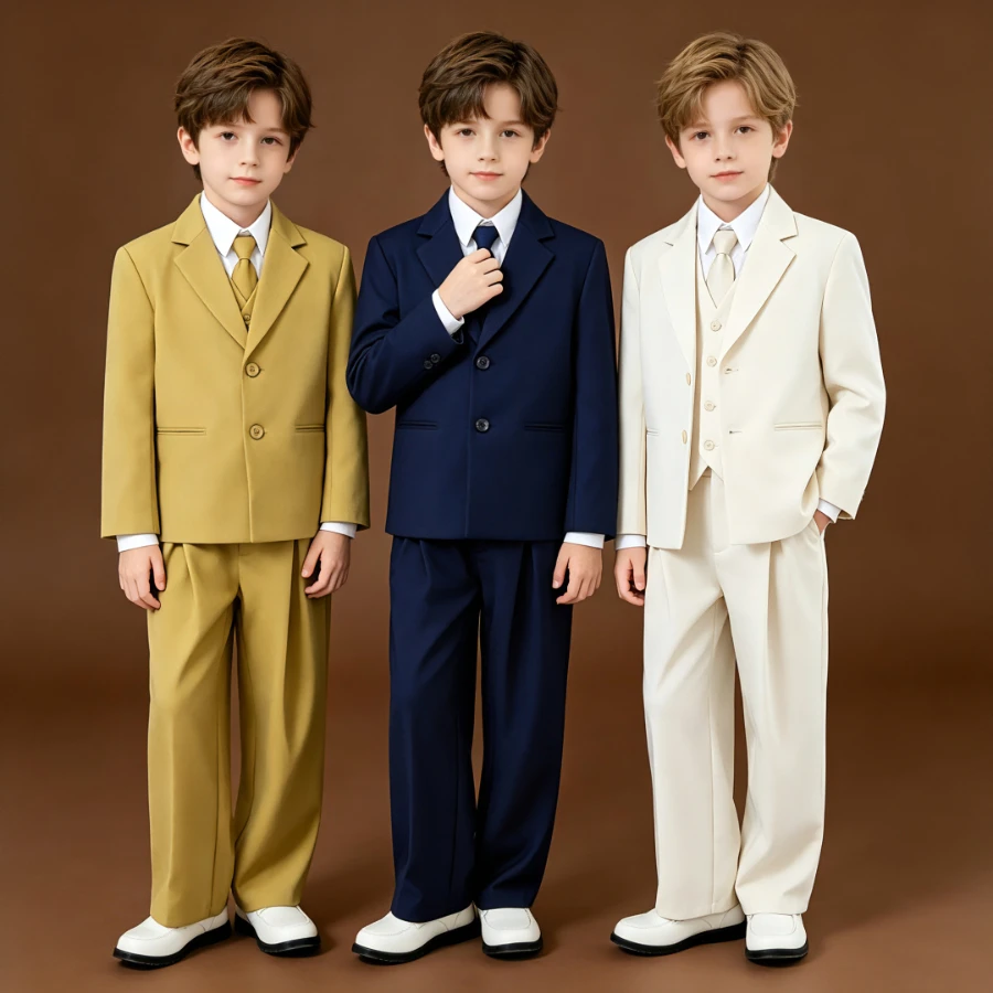 Boys Classic 3-Piece Suit Set Single Breasted Blazer Vest Pants with Tie Teenagers Kids Elegant School Performance Outfit 4-14Y