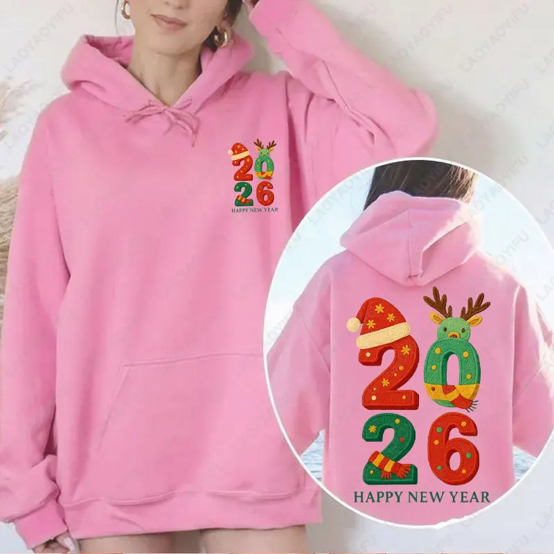 Hello 2026 Happy New Year Embroidery Cute Style Two Sided Women Hoody Happy Holiday Xmas Hat Elk Letters Graphic Simple Hoodies