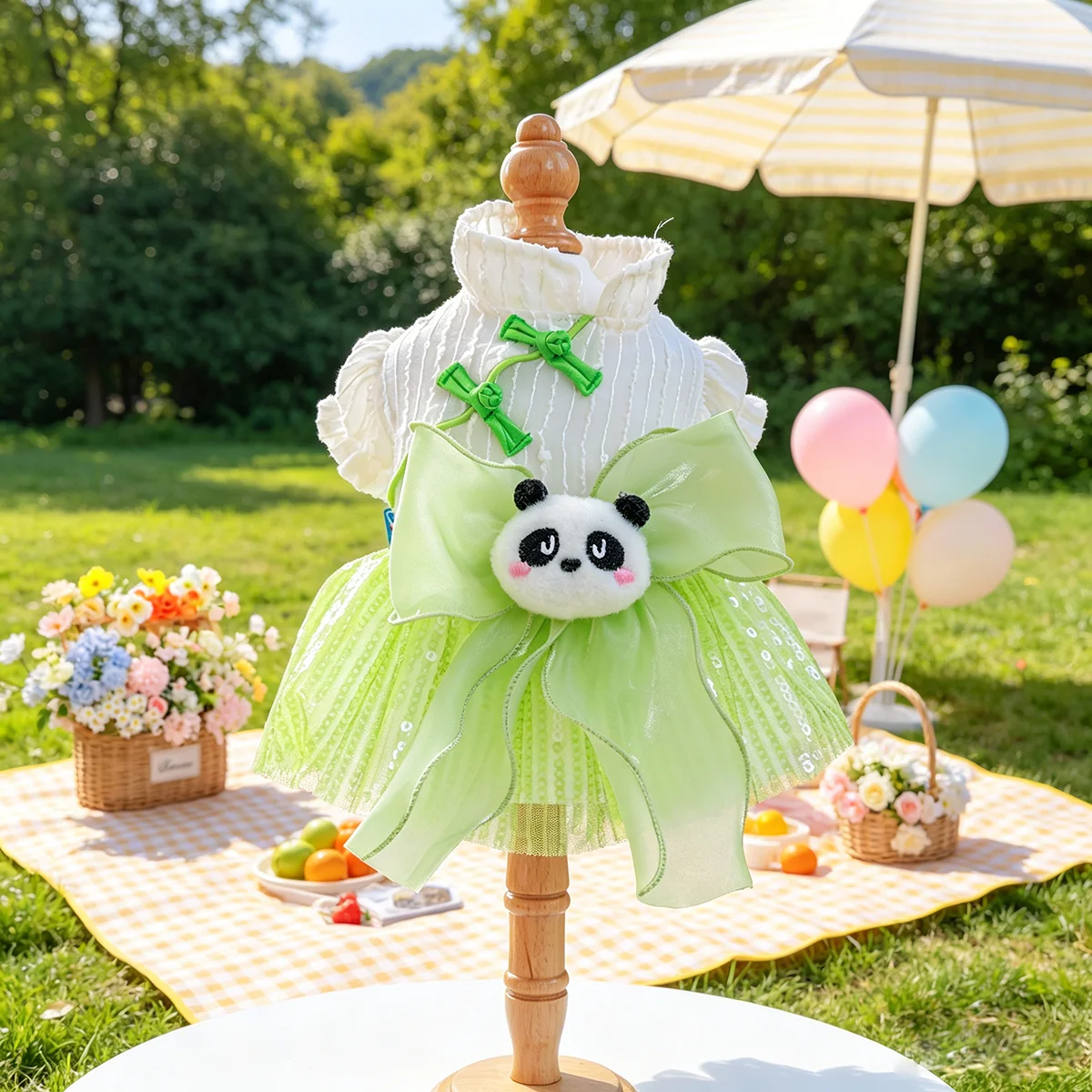 Panda Decor Ruffled Pet Dress, Summer Puppy Outfit for Small Dogs Cats, Fit for Teddy Bichon Pomeranian Yorkshire Maltese