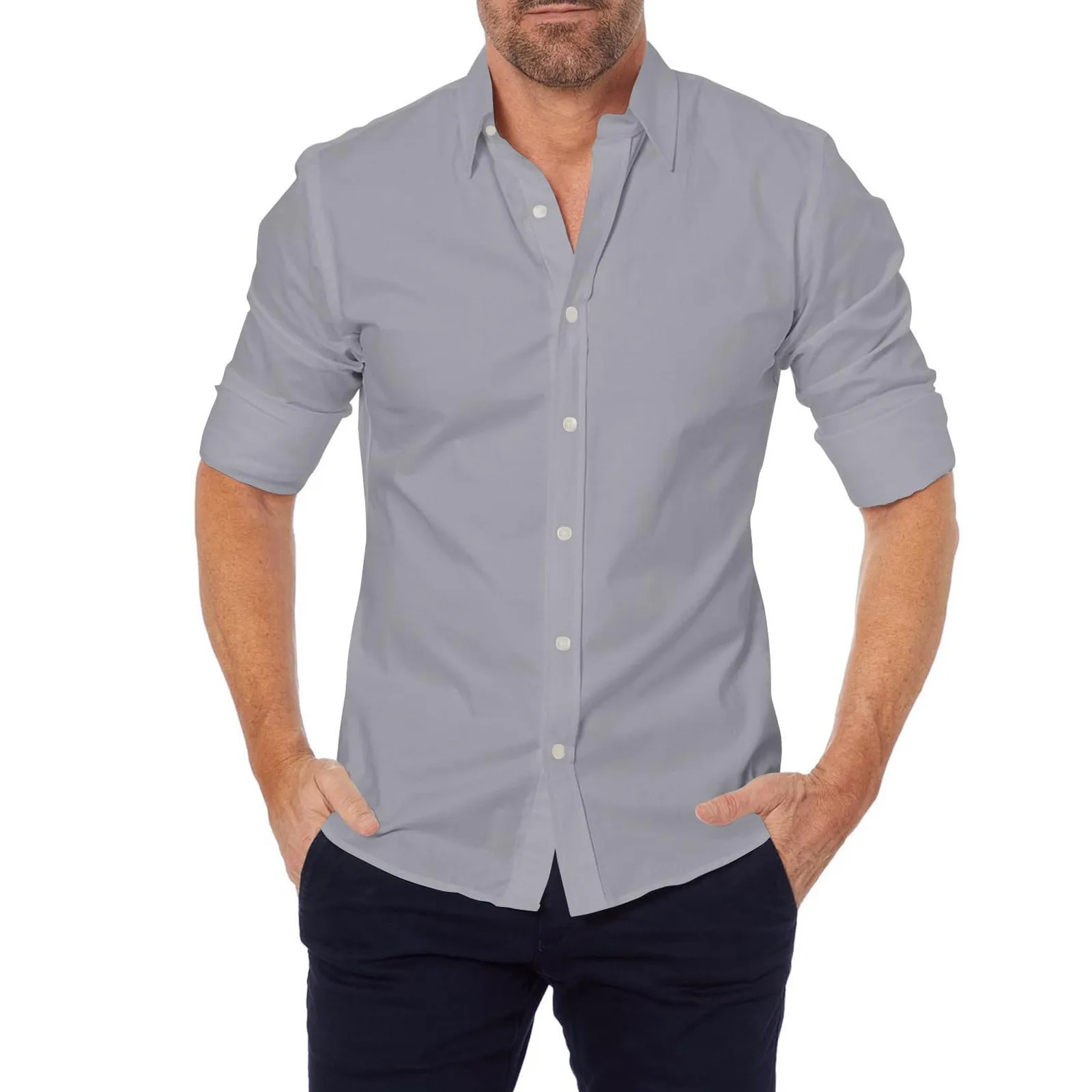 Camisa justa de manga comprida com fecho para cima masculina, camisas de negócios, camisetas elásticas, camisas de botão, roupa diária casual, monocromática