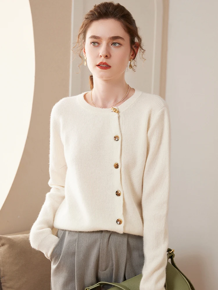 Ladies 100%Cashmere Cardigan O-Neck New Large Size Coat Knit Base Shirts Winter Spring Wild Thick Wool Sweater Women Jacket