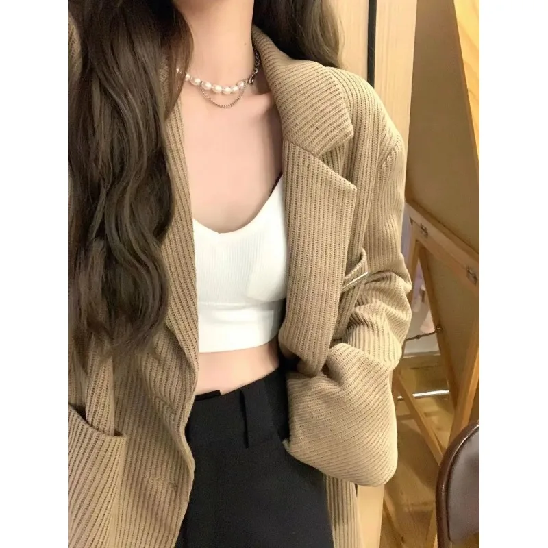 Insozkdg Autumn Winter Women\'s Suit Japanese Vintage Corduroy Small Jacket Loose Casual Solid Thickened Office Lady Blazer Tops