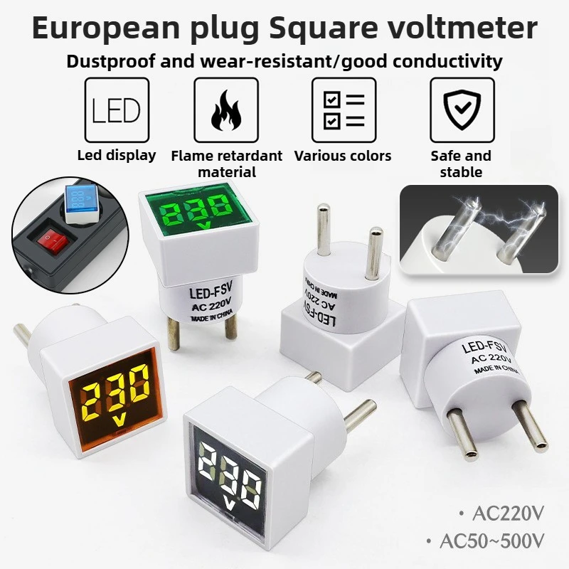 Hot Selling Random Color Digital Voltmeter European Standard Plug Square Indicator Light Dustproof Seat Household AC Voltmeter