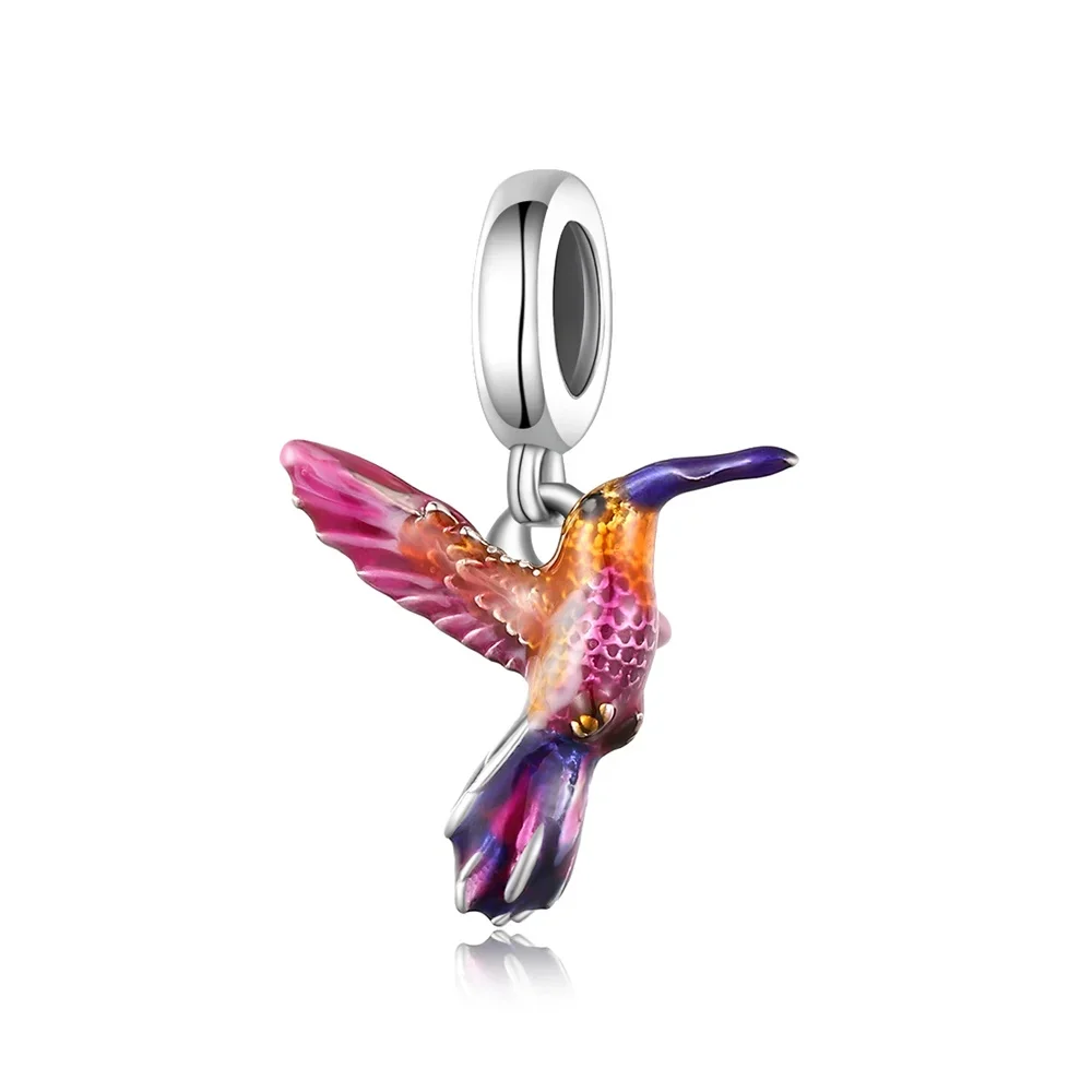 

Fit Original Pan Charm Bracelet 925 Sterling Silver Purple Pink Color Enamel Feather Hummingbird Bead For Making Berloque