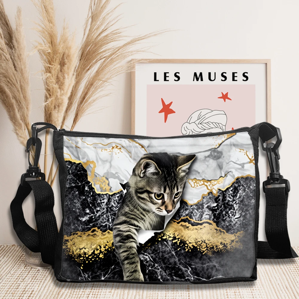 

Crossbody Bag Black Marble Gold Cat Print For Daily Use And Fashion Outings Shopping Pouch Shoulder Bag