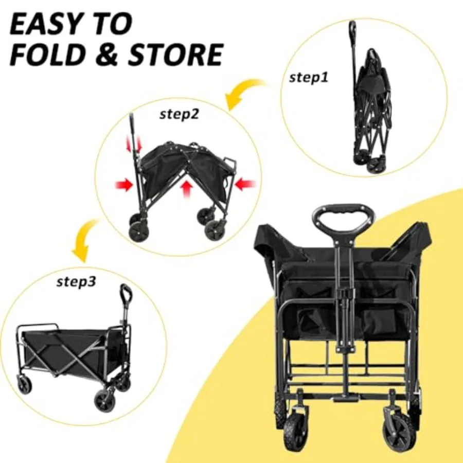 Heavy Duty Folding Wagon 320lbs Capacity, Reinforced Steel Frame Utility Cart with All-Terrain Quiet Wheels, Collapsible Outdoo