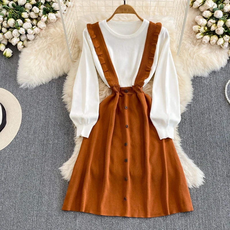 

Women's Knitting Dress Autumn Winter A-Line Knee-Length Contrast Color Patchwork Fake Two Pieces O-Neck Knitted Dresses