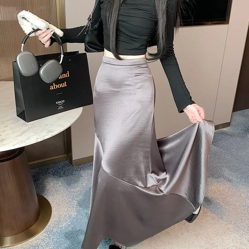Falda Midi para mujer, falda elegante de seda de cintura alta para oficina, falda coreana de satén liso para fiesta, primavera y otoño