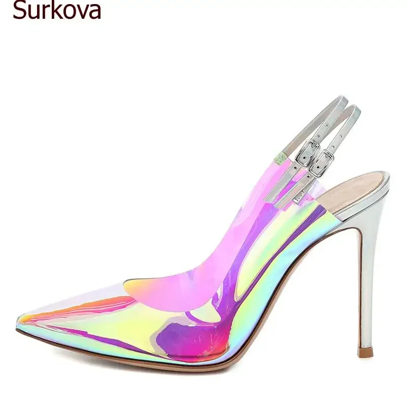 Surkova Hologram Iridescent PVC High Heel Shoes Double Slingback Buckle Shining Wedding Pumps Shallow Cut Summer Sandals Size46