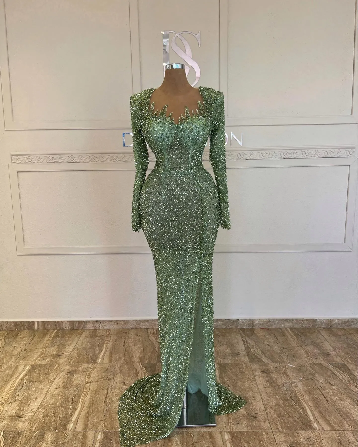 Groene avondjurken zeemeermin volledige mouw handgemaakte lovertjes backless hofjurk feestjurken vestido de noite aangepast