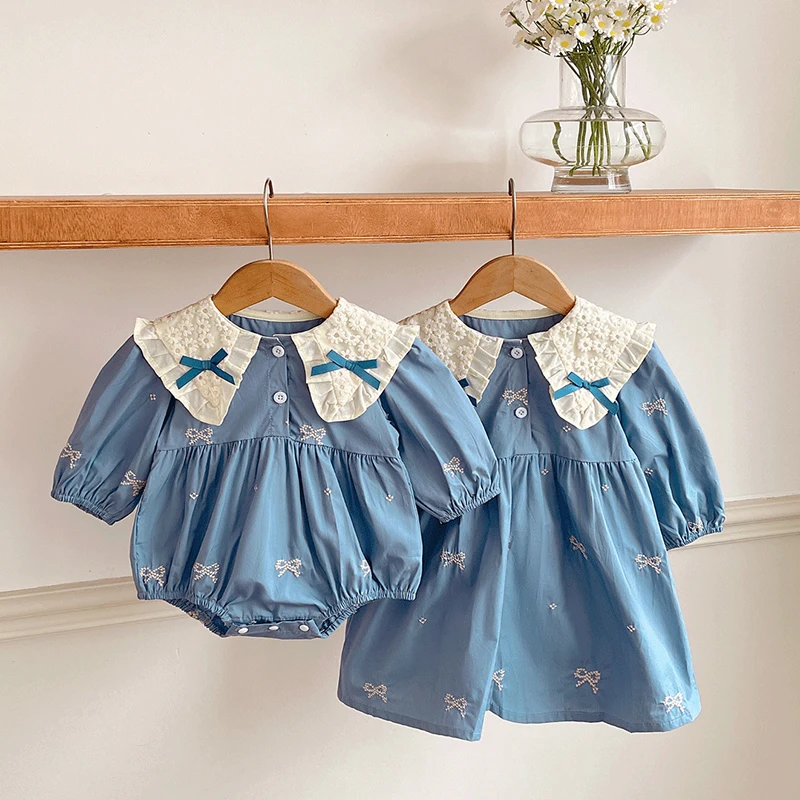 Autumn Infant Princess Bodysuit Girls Sister Family Embroidery Dress Sisters Clothes Girls Bow Lace Clothing Baby Romper Cotton