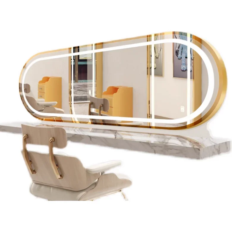 Leisure Style Horizontal Hanging Hair Salon Mirror With Lights, Internet Celebrity Hair Salon Mirror Table