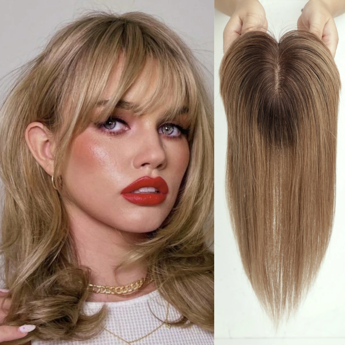 Straight Ombre Brown 100% Remy Human Hair Toppers Wigs with Bangs Silk Base Clip Pieces for Women Topper Hair in Hair Extension