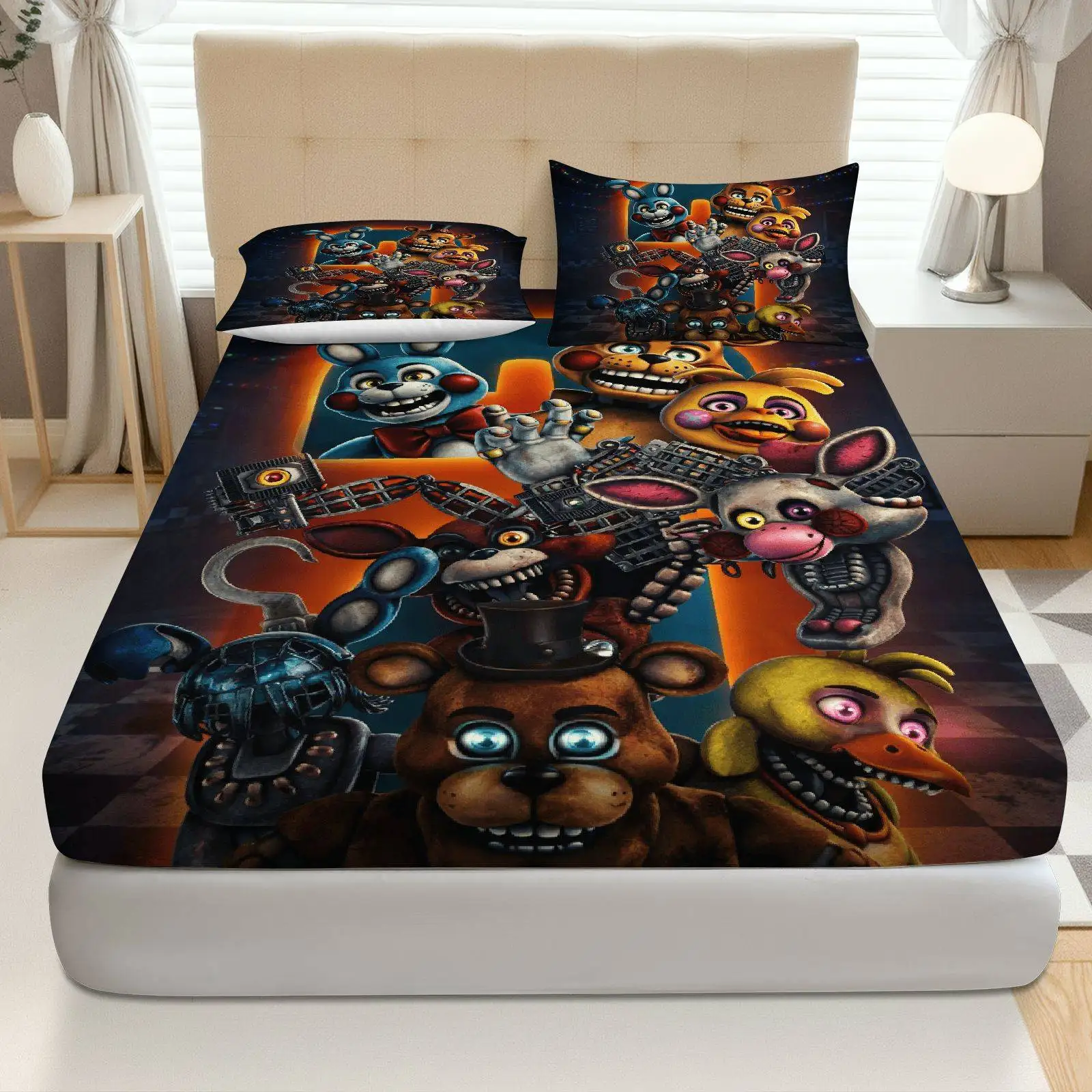 3-Piece Mattress Protector Set, 2D Flat Printed Fitted Sheet, Electronic Horror Game Character Bedding Set, Halloween Themed Thriller Bedding, Home Bedroom Decoration, Holiday Fitted Sheet and Pillowcase, Mattress Protector, Stain-Resistant, Mattress Cover, Suitable for All Seasons, Machine Washable, Easy to Care For, Universal for Home Bedrooms, Essential for Dorms and Rentals, Master Bedroom and Guest Room Decoration, Dust-Proof and Stain-Resistant, High Elasticity, Fits Various Sizes