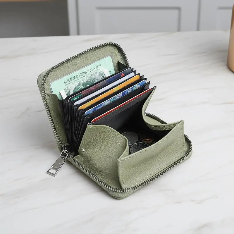 Women's Short Zipper Purse Lychee Pattern Multi-Card Slot Slim ID Card Holder for Office Ladies Daily Work