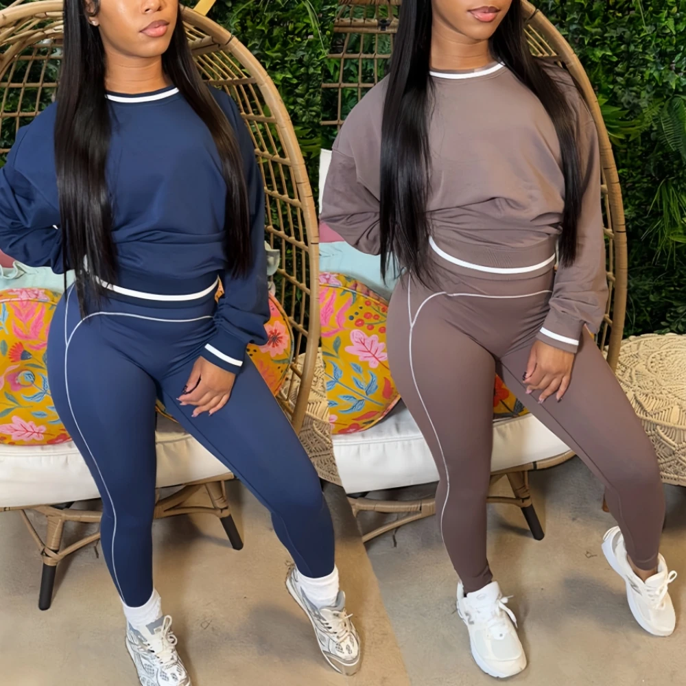 

FAGADOER Casual 2 Pieces Set for Woman Outfits Solid Color Long Sleeved Loose Round Crop Top + Pants Female Streetwear Clothing