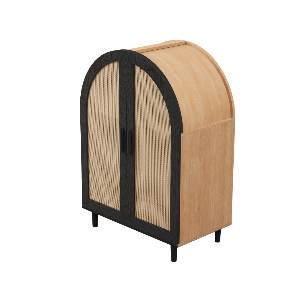 Elegantes Sideboard/Schuhschrank mit abgerundeten Außentüren, gebrochenen Rattan und drei Regalen. – Detail 21