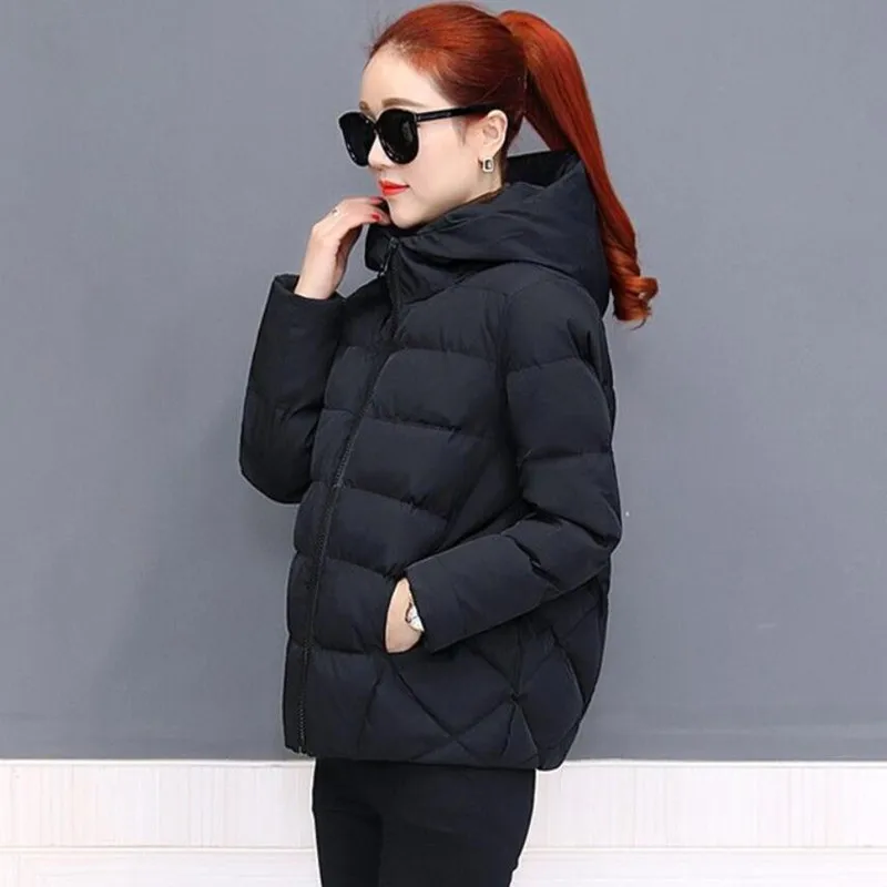 

Autumn Winter Loose Jacket Hooded Short Coat Women Overcoat Solid Cotton-padded Clothes Female Parka Outerwear