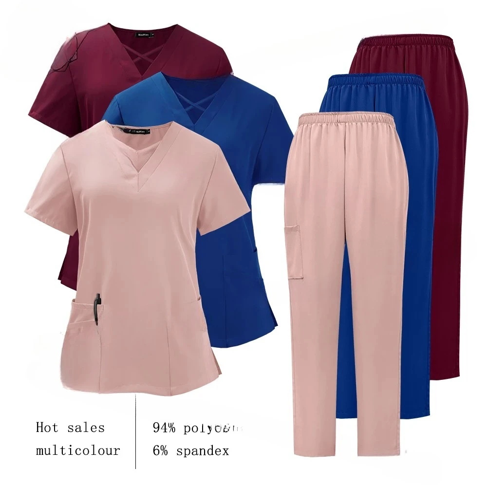 Niaahinn Medical Scrub Uniform Set Nursing Hospital Short Sleeves Top Pants Sets Nurse Uniform Fit Wholesale Spandex Scrubs Suit