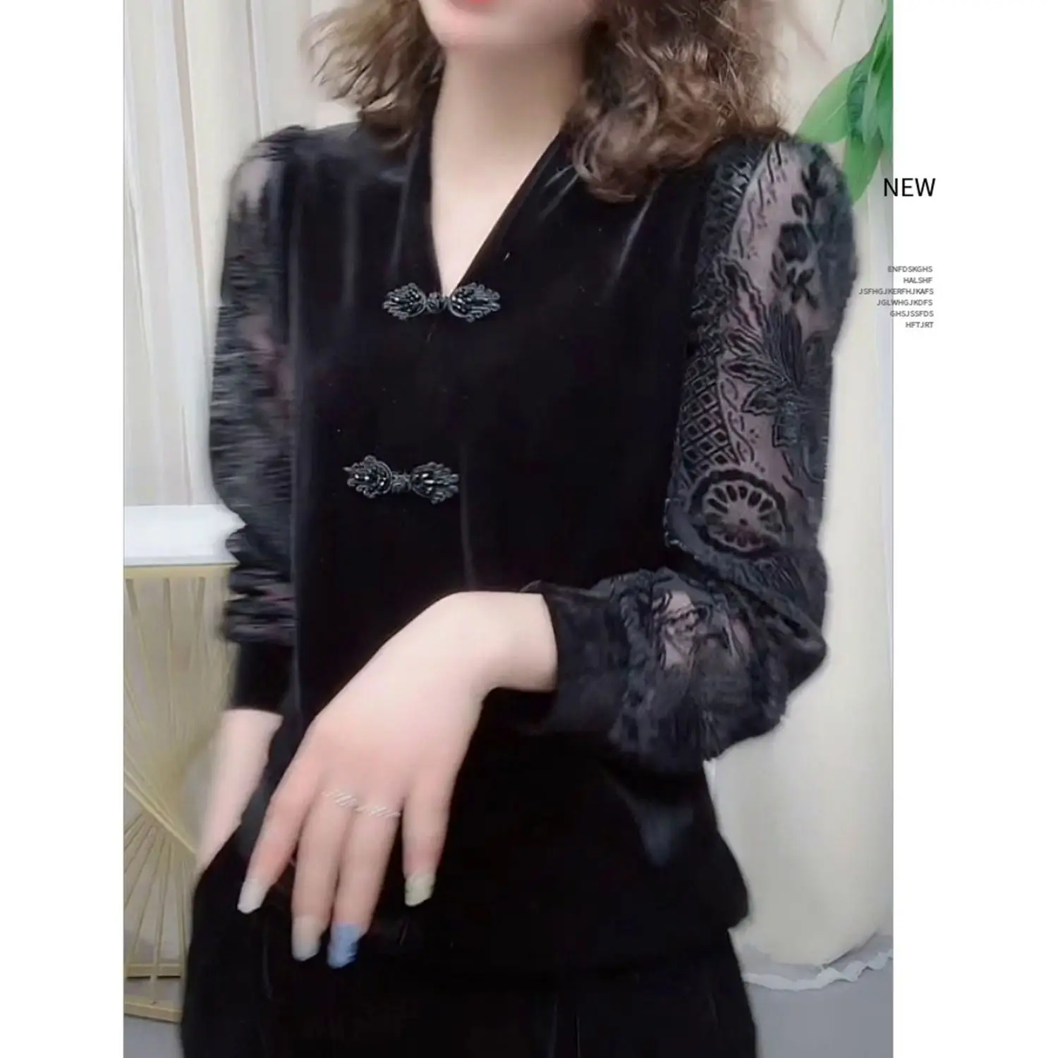 

Spring And Autumn New V-neck Lace Patchwork Mid Sleeve Fashionable Black Button Up Shirt Top For Women