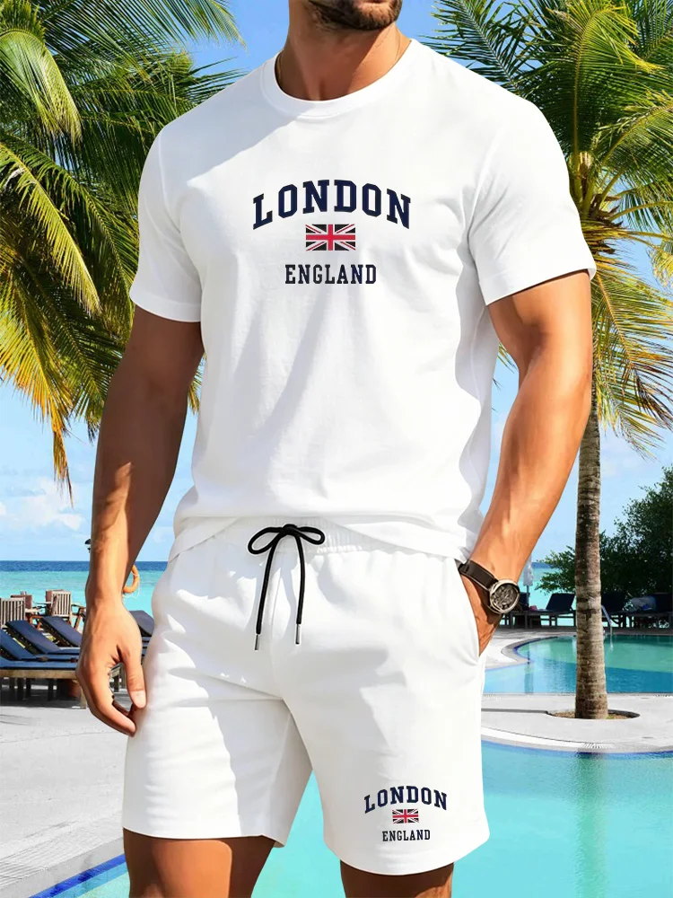 

Sports Style Summer Men's Casual Loose Plus Size London England Print Sportswear Round Neck Short Sleeved T-shirt Two-piece Set