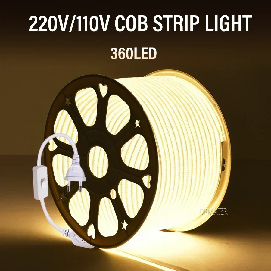 COB LED Strip 360leds/M High Bright EU Plug 220V CRI RA90 Waterproof Outdoor Garden FOB LED Tape For Bedroom Kitchen Lighting