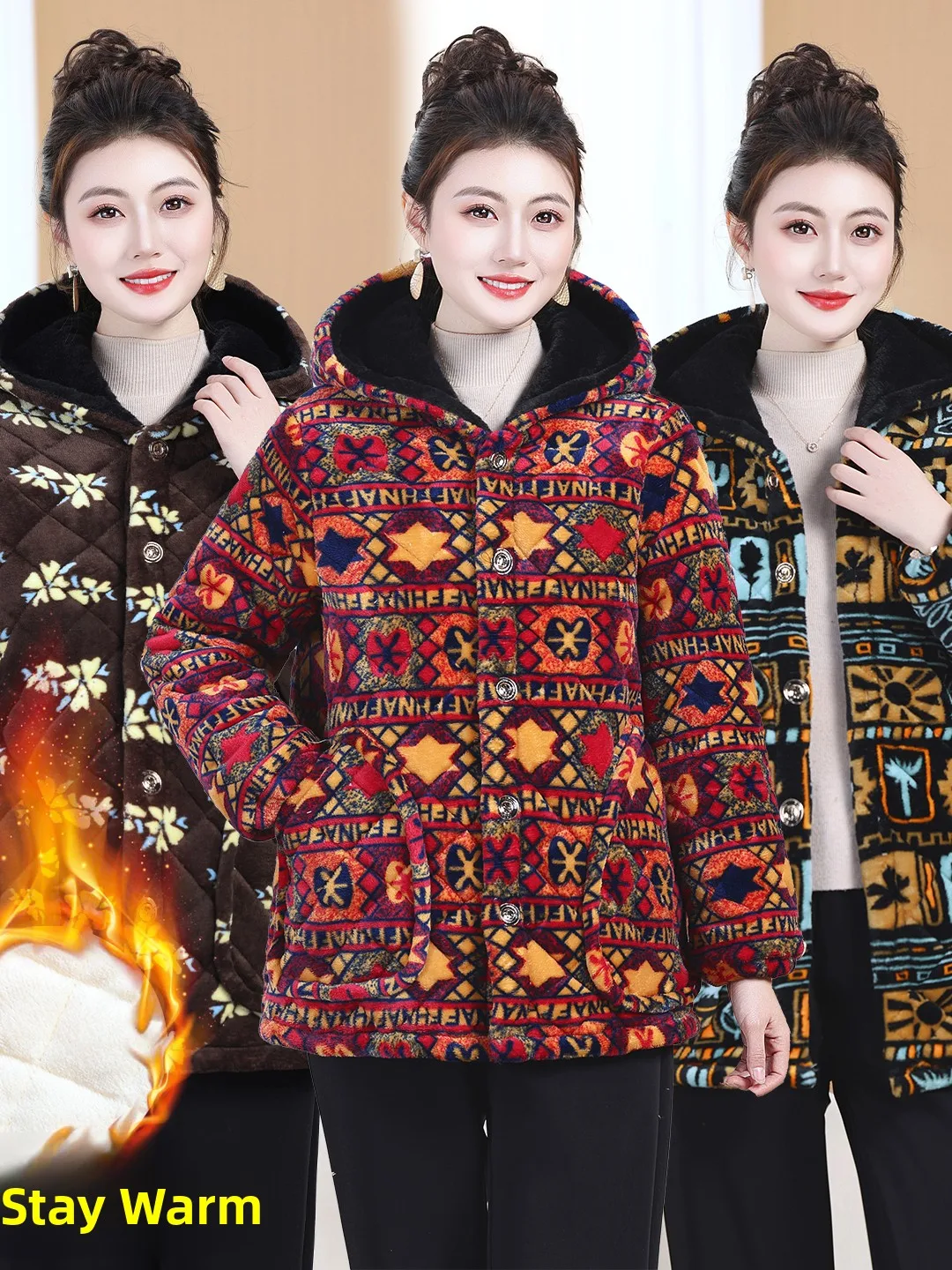 

Новая женская утепленная хлопковая куртка с капюшоном на флисовой подкладке 2025 года, теплая, морозостойкая, для мам, с принтом, многослойная, типа «сэндвич»