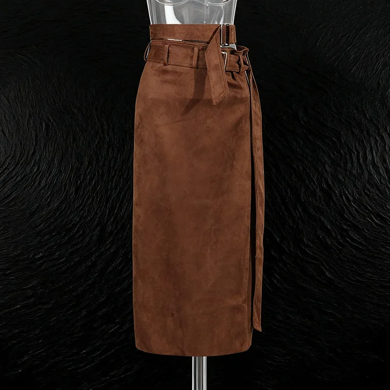 ZAMOR HIGH STREET Women High Waist Suede Straight Midi Skirt 2026 New Fashion Solid Color Belted Slim Fit Long Pencil Skirt