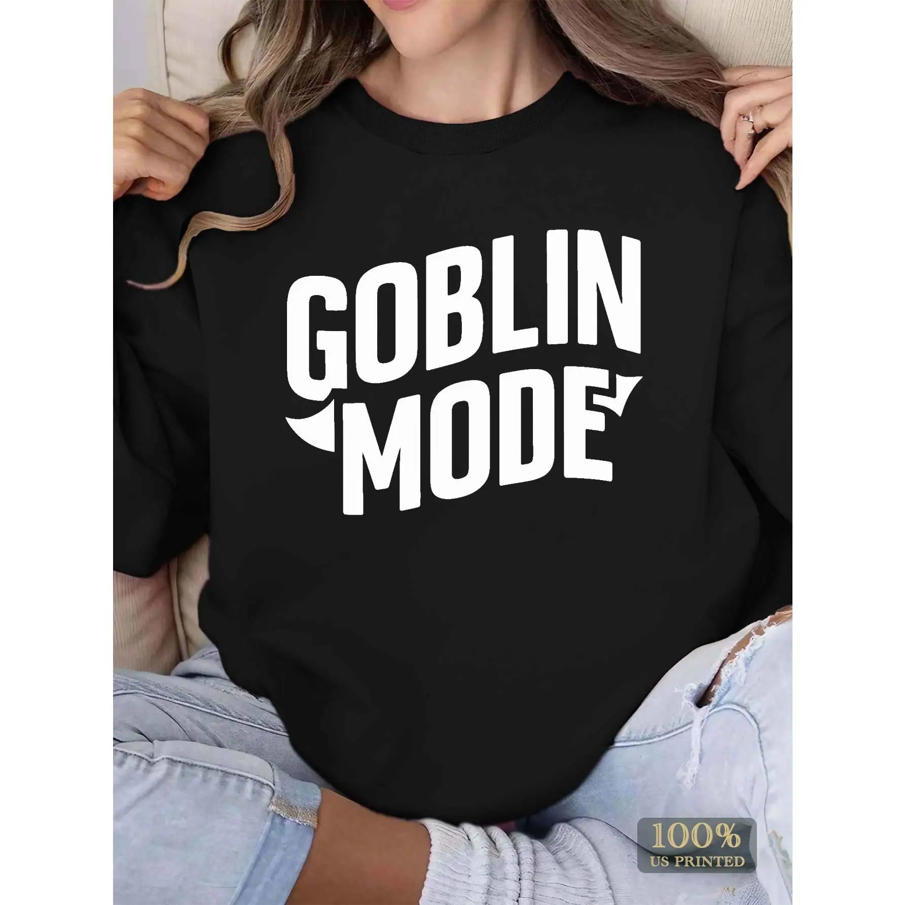

Viral Goblin Mode Sweatshirt, Funny Slogan Print Crewneck for Women and Men, Casual Oversized Pullover for Streetwear