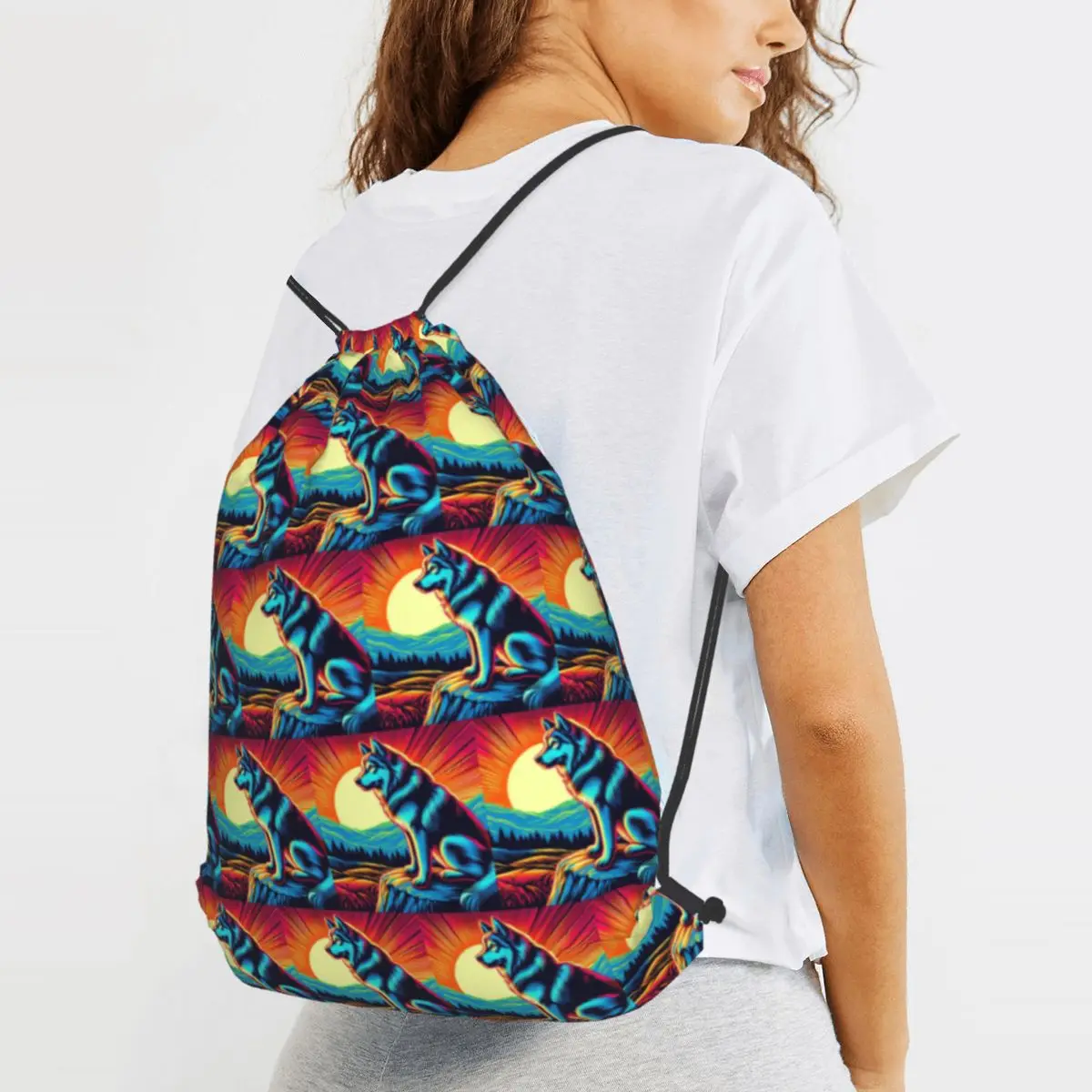 Neon Wolf Surreal Sunset Emblem Backpacks Multi-function Drawstring Bundle Pocket Sports Bag Book Bags for Man Woman Students