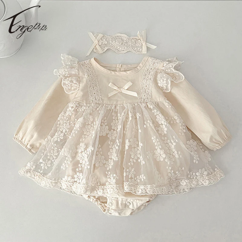 

Baby Girl Long Sleeves Rompers+Hair Band Lace Toddler Girls Bow Jumpsuit Baby Girls Princess Rompers Dress Spring Autumn