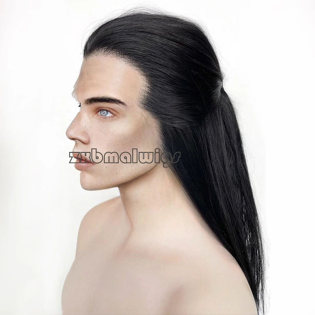 Peluca Frontal de encaje recto para hombres y mujeres, cabello sintético, Cosplay, parte libre, Color negro, Pico de viuda, sin pegamento