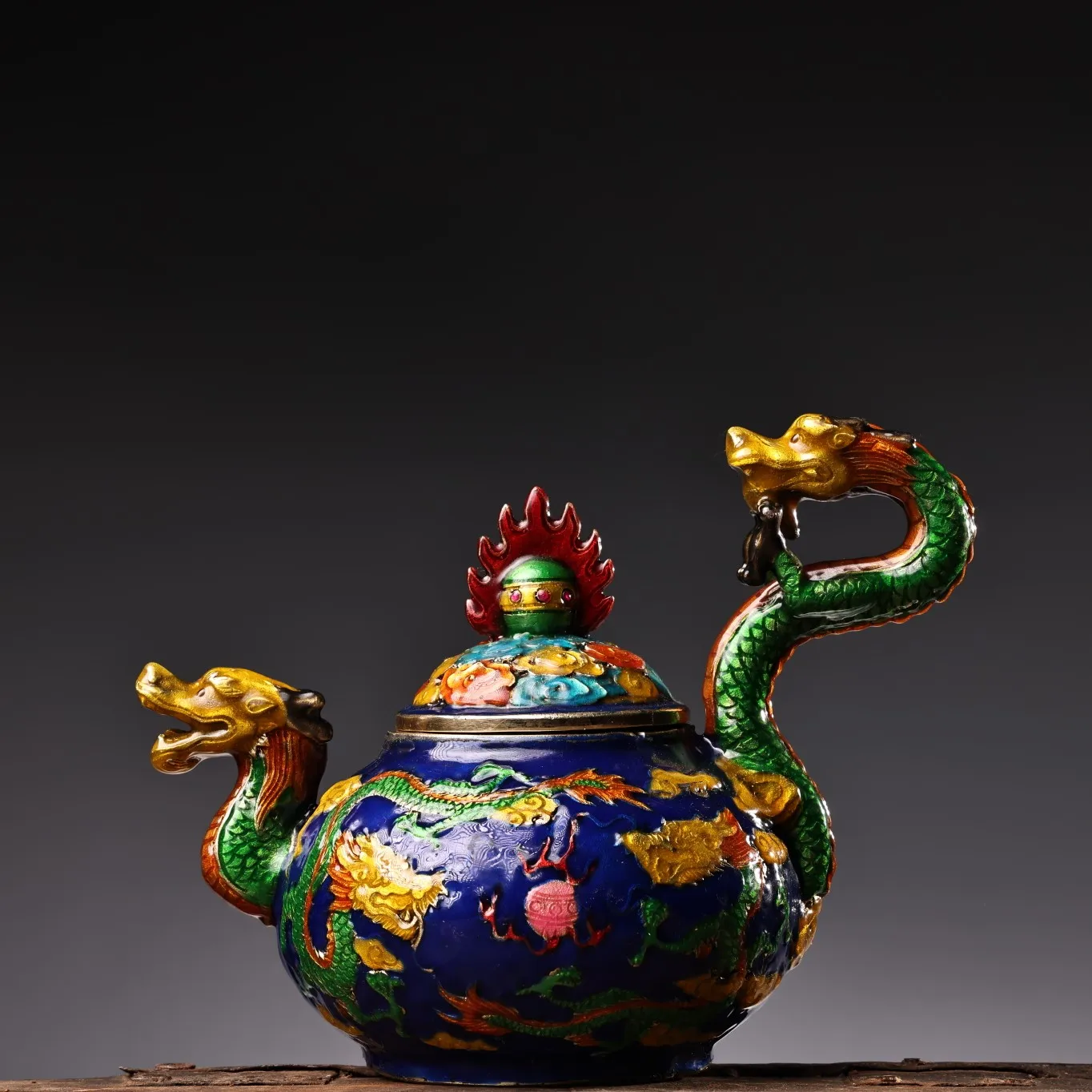 

7"Tibetan Temple Collection Old Bronze Cloisonne Twin Dragons Dragon Head Flagon Kettle Teapot Amass wealth Ornaments Town Hous