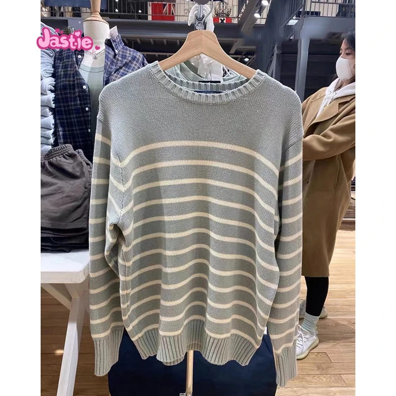 Vintage Striped Pullover Sweater Women Autumn Casual Oversize Drop Shoulder Sweater Femme Retro Streetwear Cotton Tops 2024