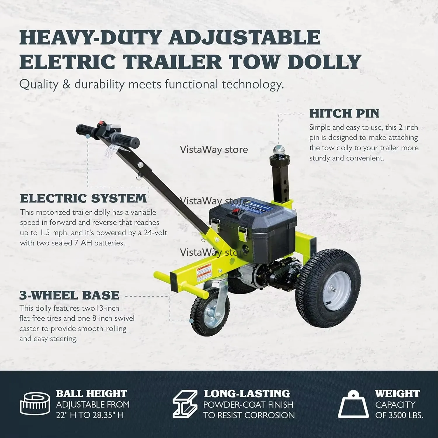 New Tow Tuff Versatile 3500 Pound Capacity Adjustable Ball Height Heavy Duty Electric 48V Utility Trailer Dolly Cargo