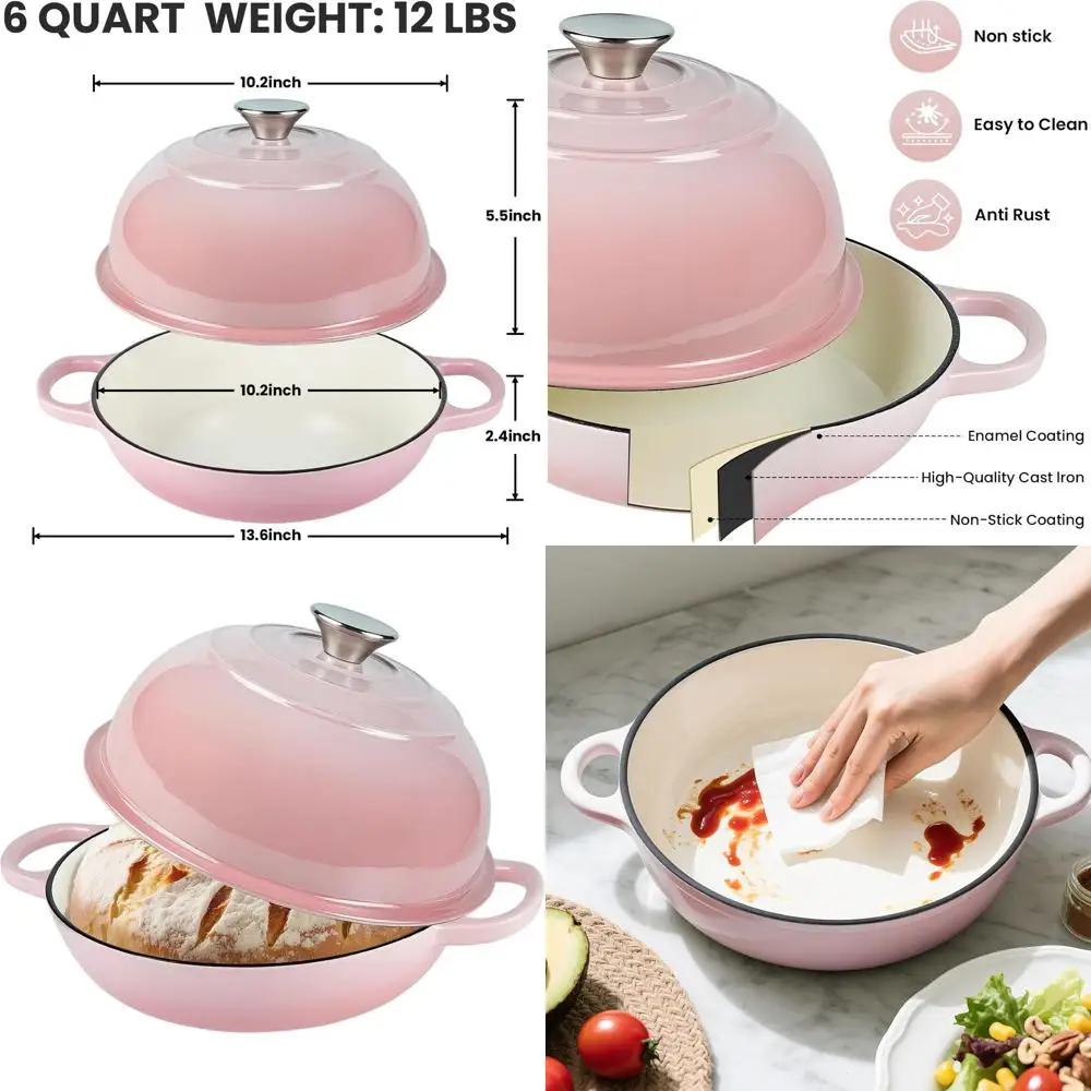 

6-Quart Pink Enameled Cast Iron Dutch Oven with Dome Lid, Suitable for Bread Baking up to 500°F