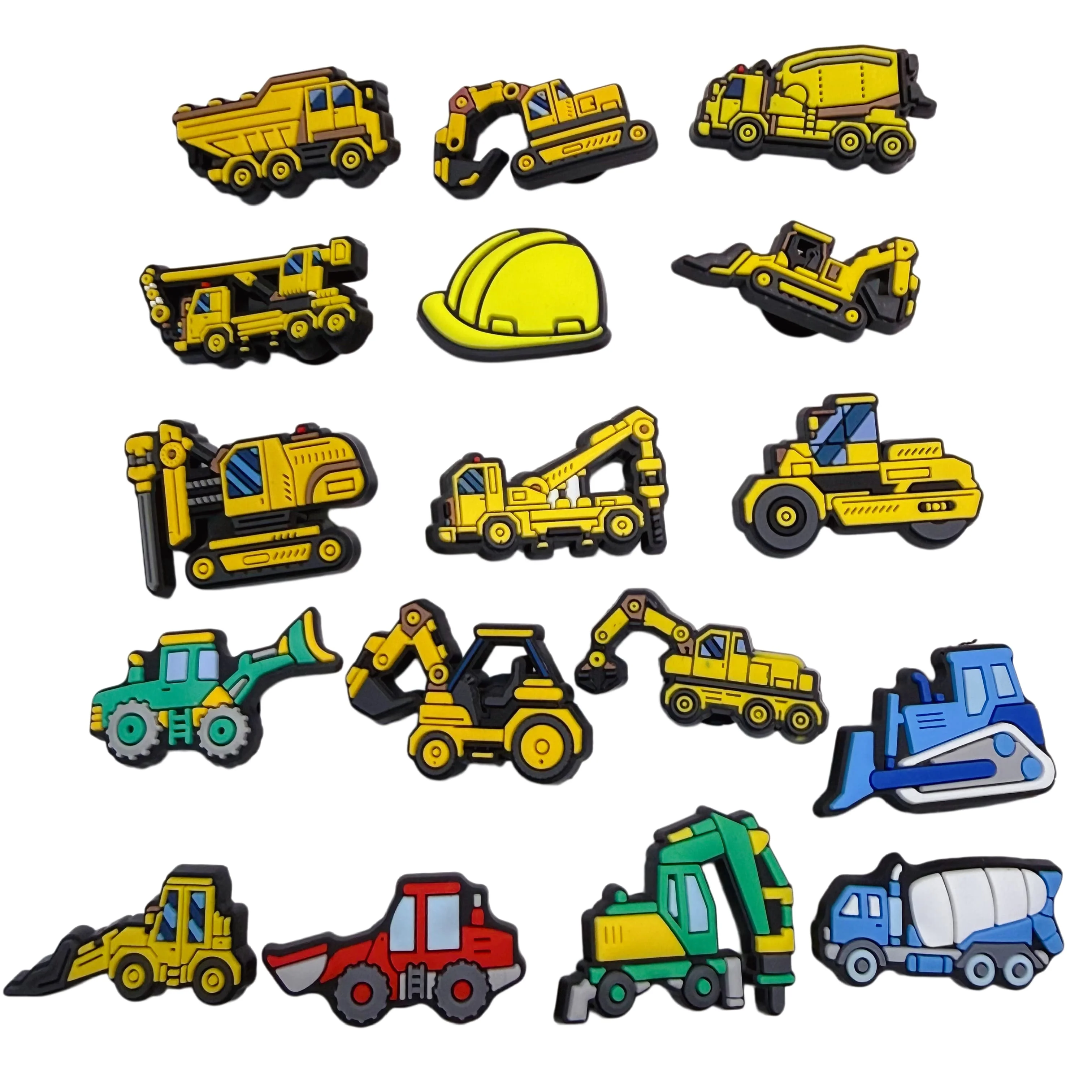17pcs Cartoon Engineering Vehicle Excavator PVC Shoe Charms For Clogs Pins Garden Sandals Shoes Accessories Decoration Xmas Gift