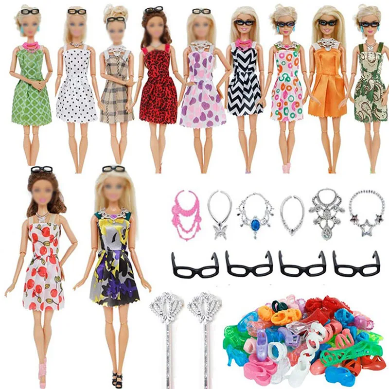 Random 1 Set Doll Accessories for Barbie Doll Shoes Boots Mini Dress Handbags Crown Hangers Glasses Doll Clothes Kids Toys 12\'\'