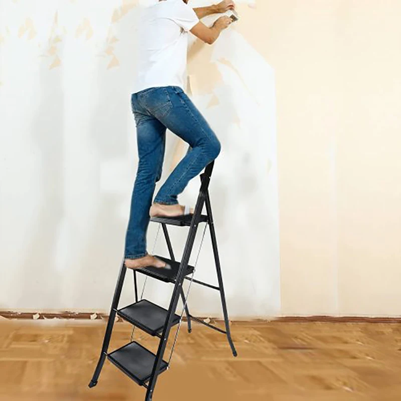 GERICCO Ladder Foldable Multifunctional 4 Step Ladder Non-slip Rubber Handgrip Portable Sturdy Black Steel Stool Ladder for Home