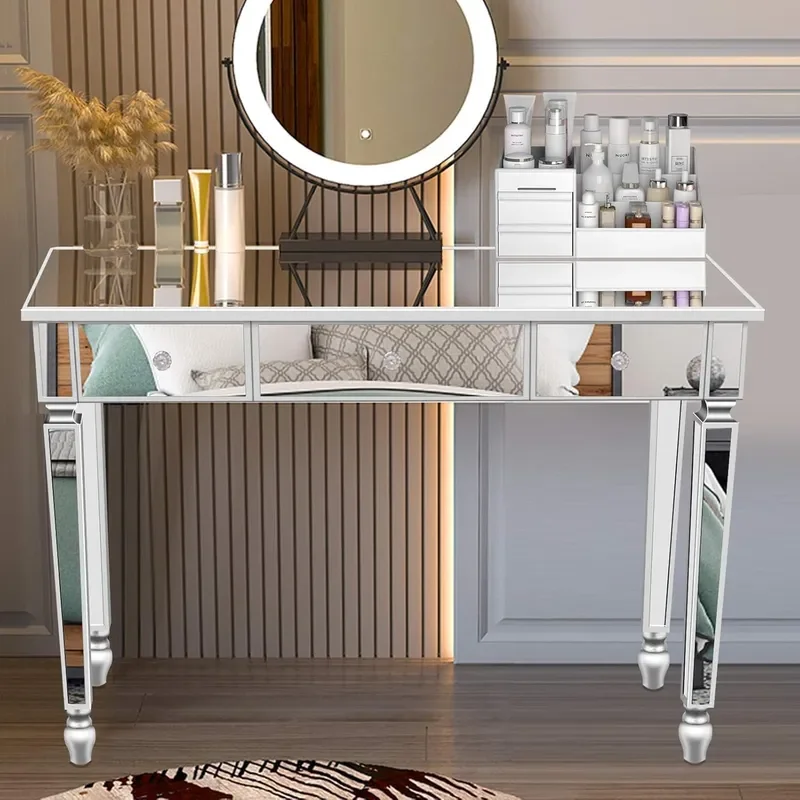 Silver Mirrored Console Table with 3 Drawers MDF Frame and Glass Surface Mirrored Entryway Table for Entrance Hallway Crystal