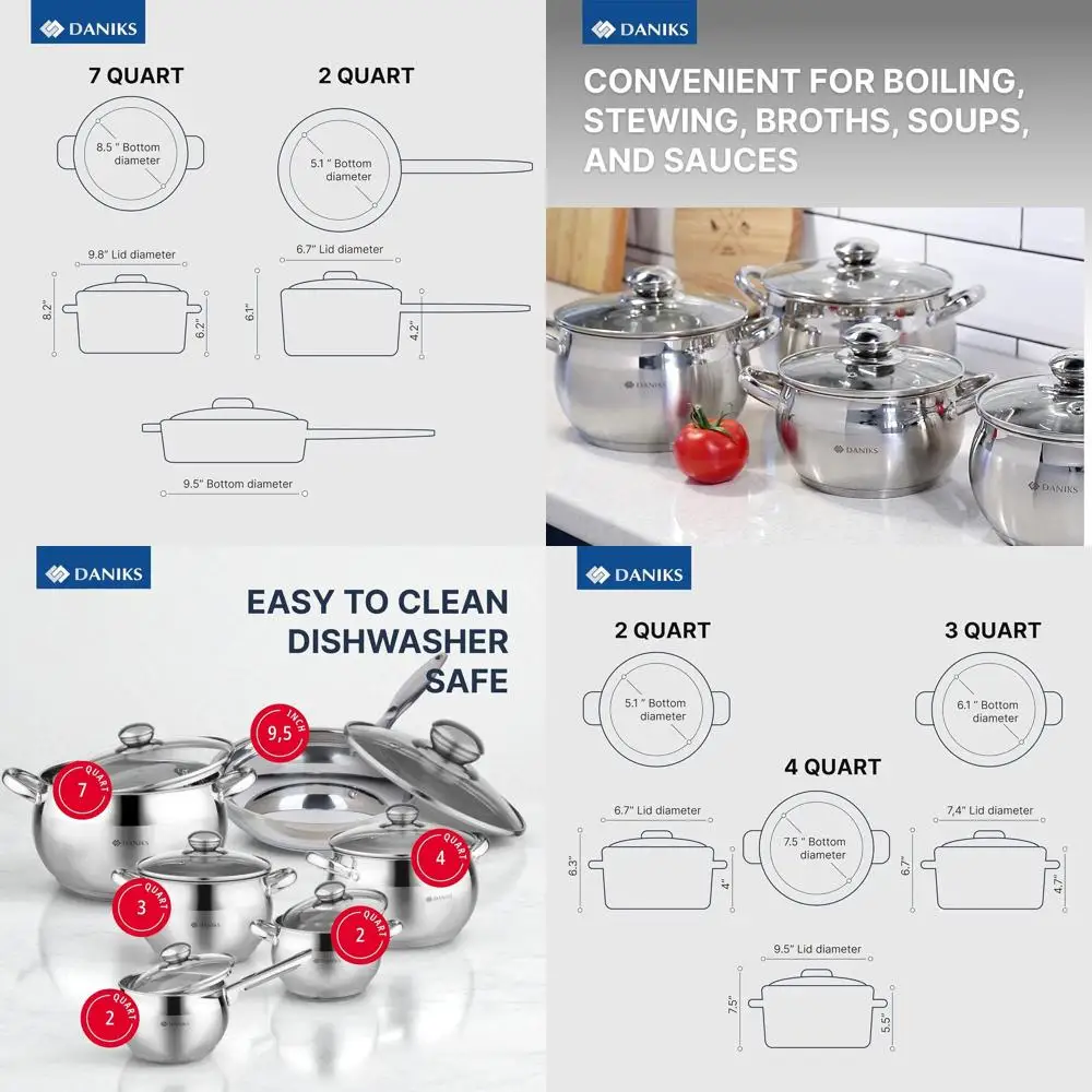 

12-Piece Stainless Steel Cookware Set with Glass Lids, Frying Pan and Saucepan Included, Even Heat Distribution, Induction Ready