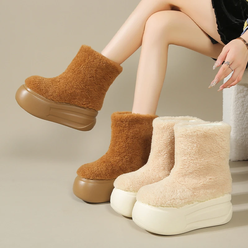 

Trendy Short Plush Lined Mid-Calf Snow Boots Women's Thick Bottom Fur Boot Artificial Mink Anti-Slip Cute Girl Boots Round Toe