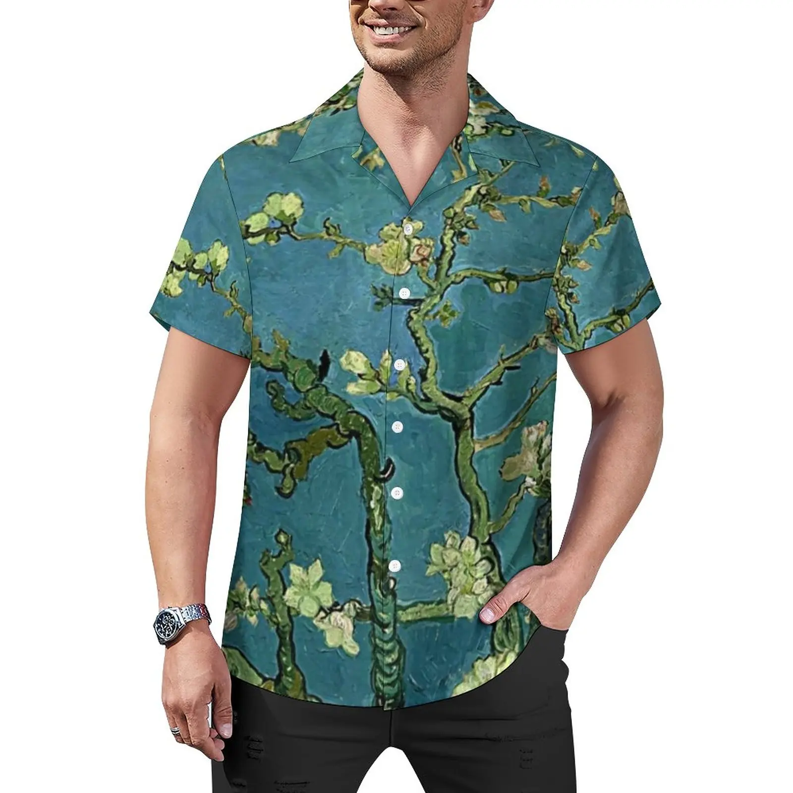 

Floral Print Art Casual Shirts Van Gogh Almond Blossoms Beach Shirt Hawaiian Fashion Blouses Male Graphic 3XL 4XL