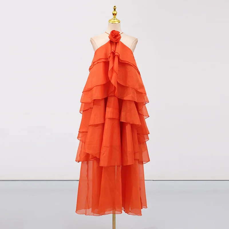 2025 verão novo vestido feminino moda pendurado pescoço sem mangas design multi camada plissado borda cinta vestido longo