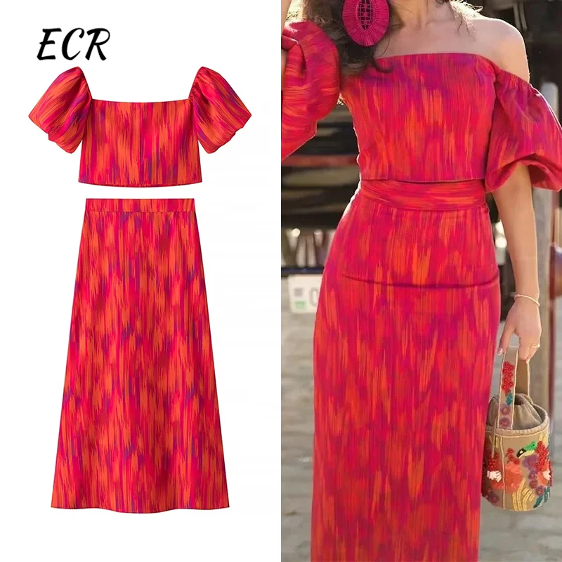 ECR Temperamet Two Piece Sets For Women Slash Neck Backless Short Vest High Waist A Line Long Skirt Elegant Set Female Fashion