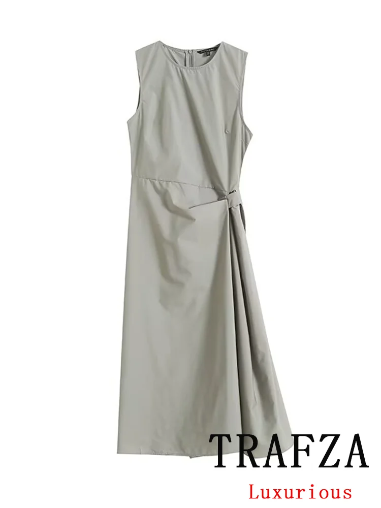 

TRAFZA Vintage Casual Chic Women Dress Solid O-Neck Button Zipper Sleeveless Straight Vestidos Fashion 2024 Spring Summer Dress